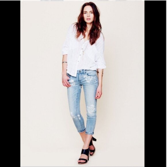 Free People Magnolia Floral Jeans Light Wash Straight Ankle Size 28 - Picture 1 of 14